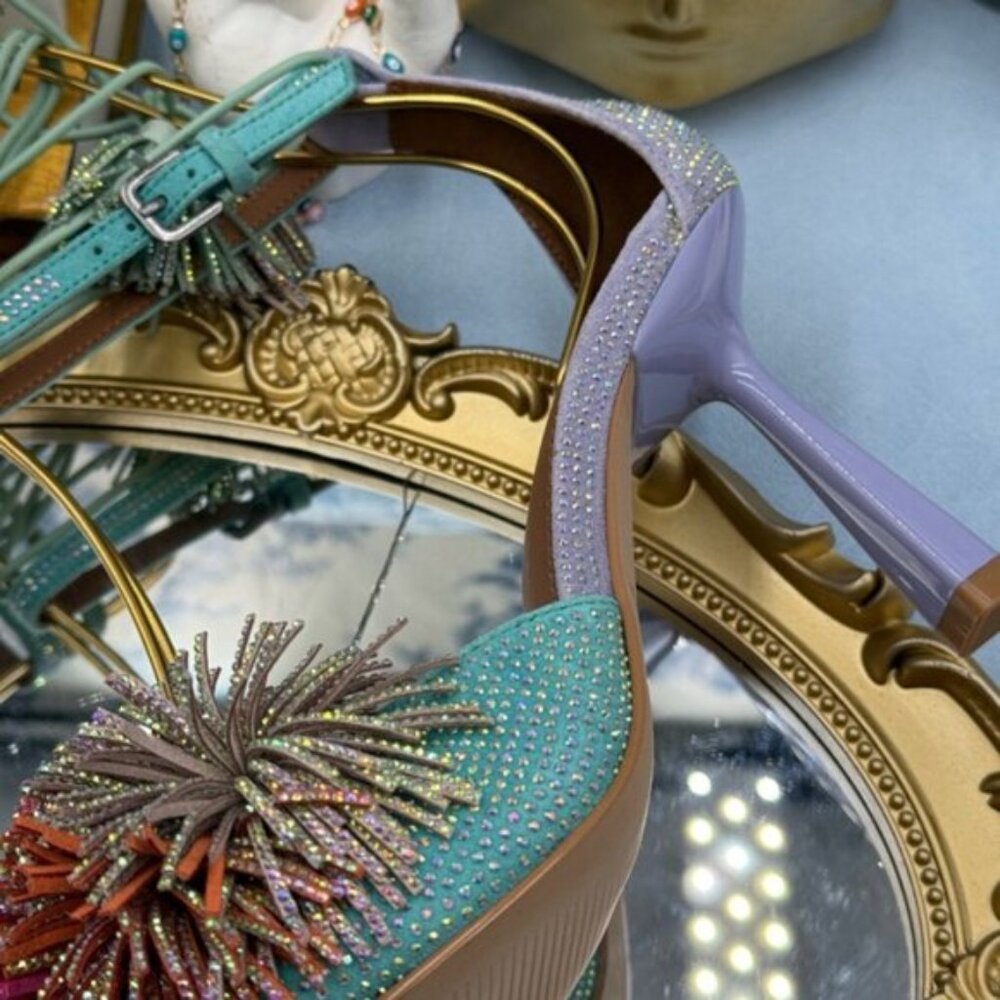 🆕 KURT GEIGER LONDON 🧿 NWOB Lilac & Teal Pom Pom Tie Ankle Heel, Sz 36 US 6 - Picture 13 of 15